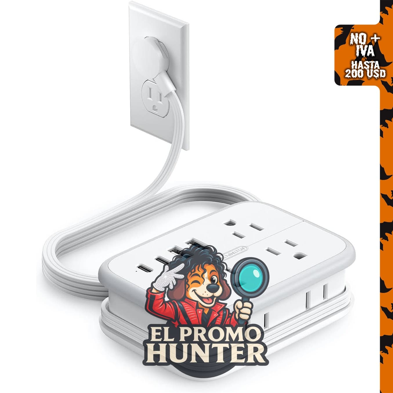NTONPOWER Regleta de alimentación de viaje 10 en 1 con 6 tomas de corriente y 4 puertos USB (2 USB C), cable de 1.2 m.