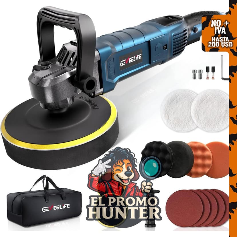 GEVEELIFE Pulidora Buffer 6"/7" 1600W, rotatoria con 7 velocidades de 1000-3500 RPM y mango desmontable.