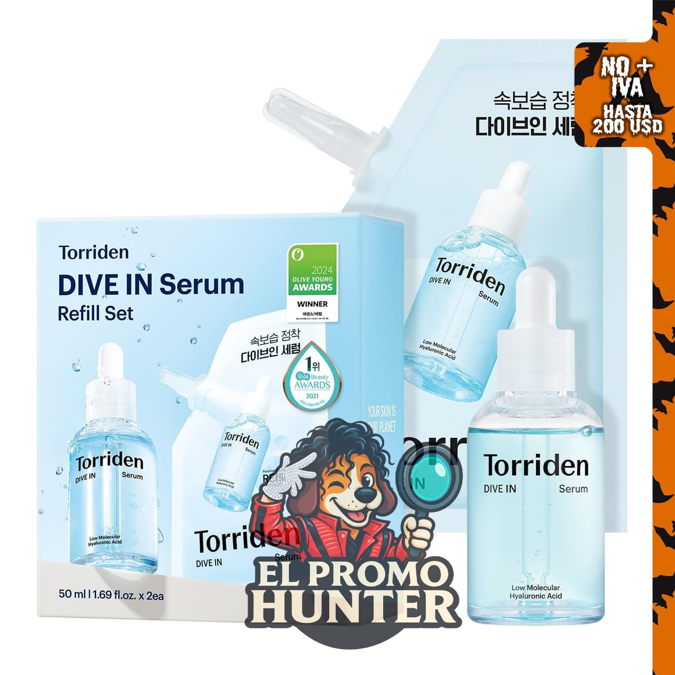 Torriden Suero DIVE IN 1.69 fl oz (50 ml) + bolsa de repuesto 1.69 fl oz (50 ml) para hidratación facial.