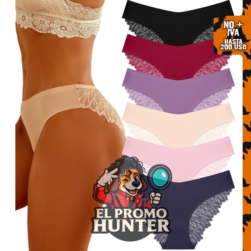 FINETOO Paquete de 6 bragas sin costuras invisibles de encaje tipo hipster para mujer.
