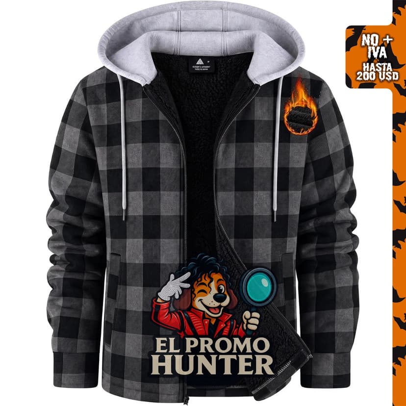 ZITY Chaqueta con capucha de franela y forro polar para hombre, diseño a cuadros, forro sherpa, cremallera y bolsillo.