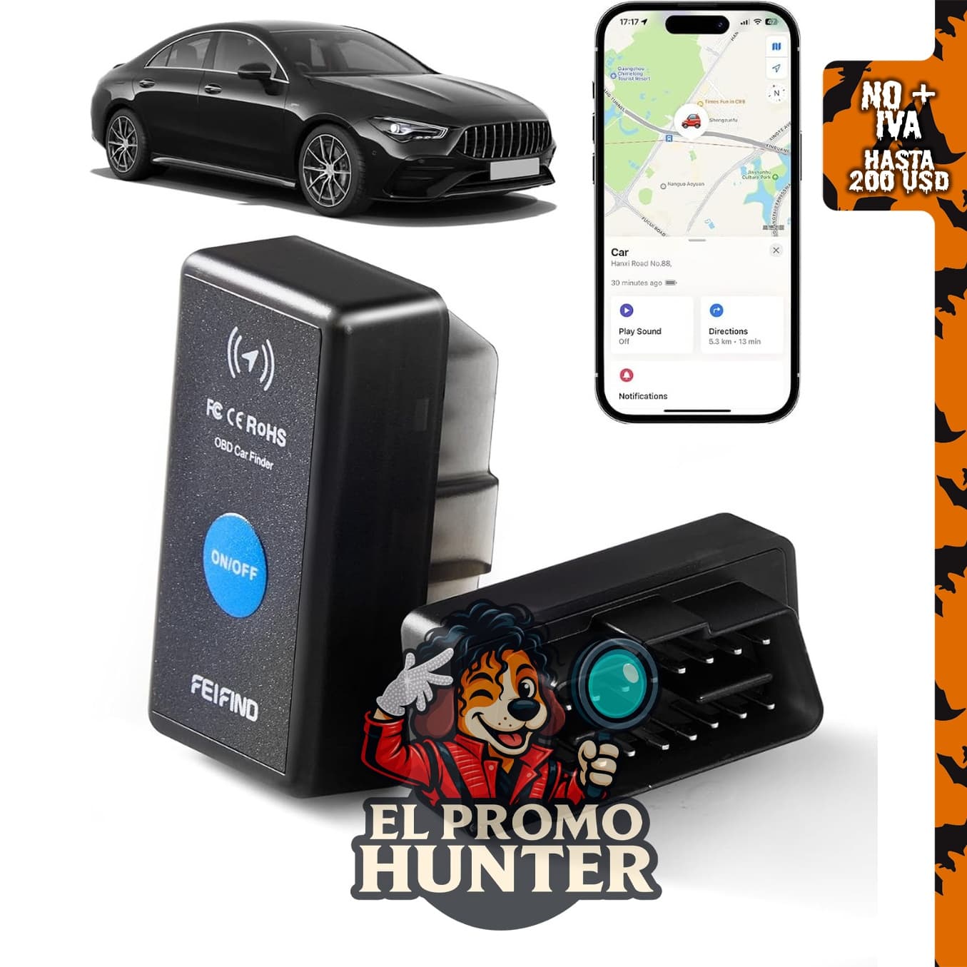 OBD2 GPS Tracker para vehículos, compatible con Apple Find My (solo iOS).
