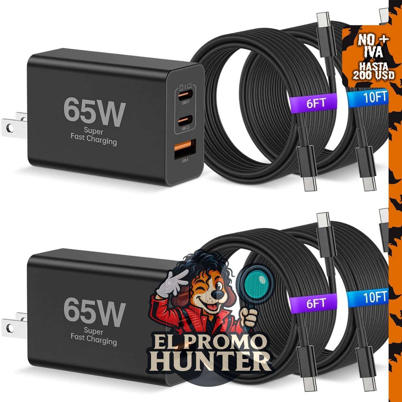Cargador USB C de 65 W con cable USB C a C de 1.83 m y 3.05 m, compatible con dispositivos Android.