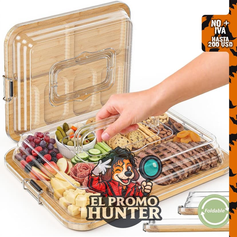 Bandeja portátil para aperitivos con tapa plegable.
