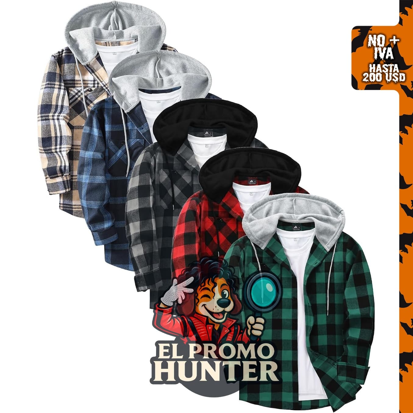 Paquete de 5 camisas de franela para hombre, con capucha y a cuadros, manga larga, con botones y bolsillo.
