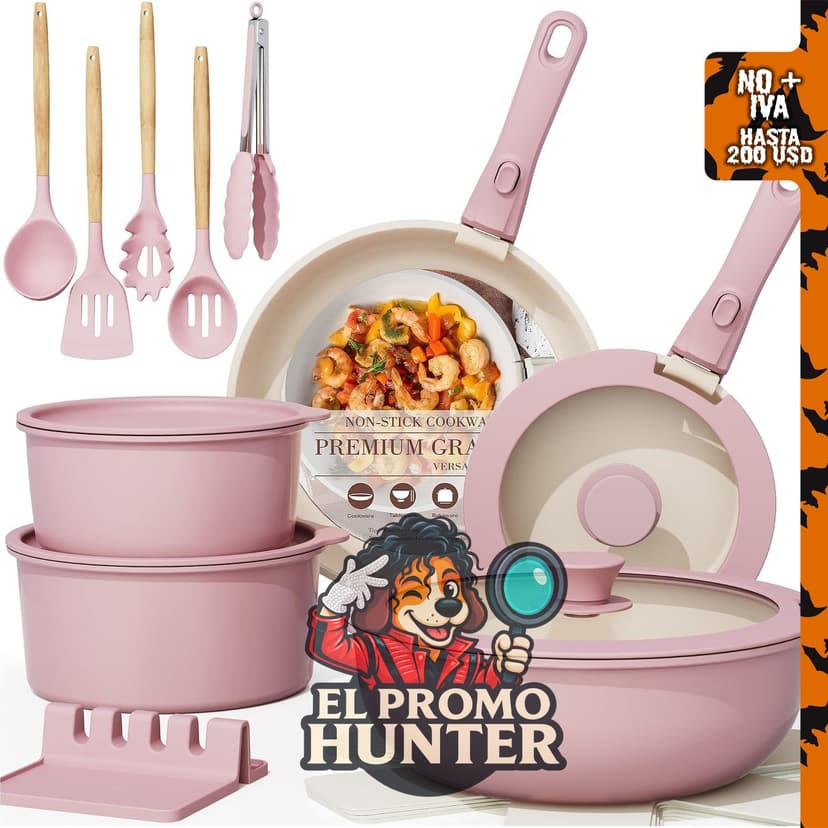Astercook Juego de 21 ollas y sartenes antiadherentes de cerámica, apto para inducción y horno.