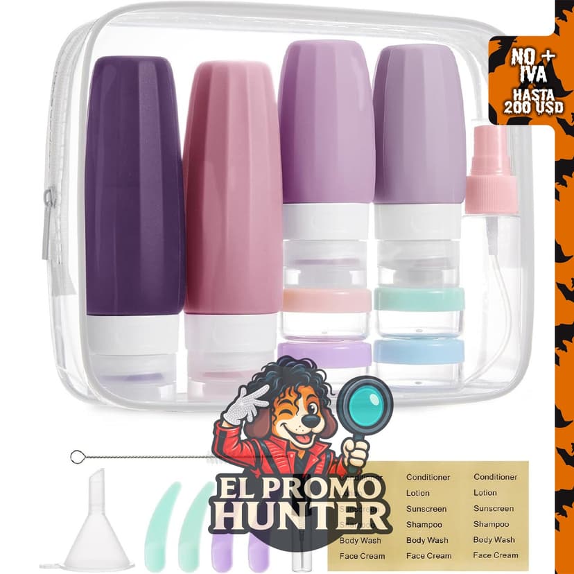BAGSMART Paquete de 18 botellas de viaje aprobadas por la TSA, recipientes de silicona a prueba de fugas, morado.
