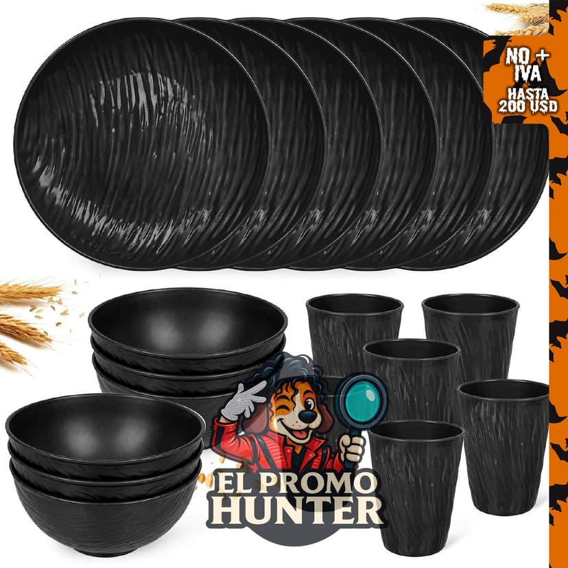 Juego de vajilla de paja de trigo negro de 18 piezas, incluye 6 platos, 6 cuencos y 6 tazas, apto para microondas.