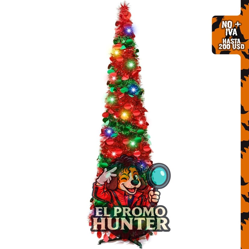 Árbol de Navidad desplegable de 5 pies con luces, diseño delgado en rojo y verde, oropel artificial.