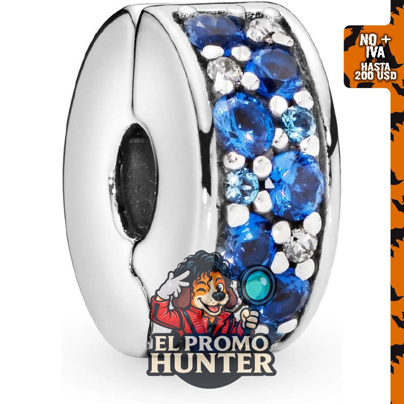 Pulsera Pandora con dije de clip de pavé azul, fabricada en plata de ley y circonita cúbica.