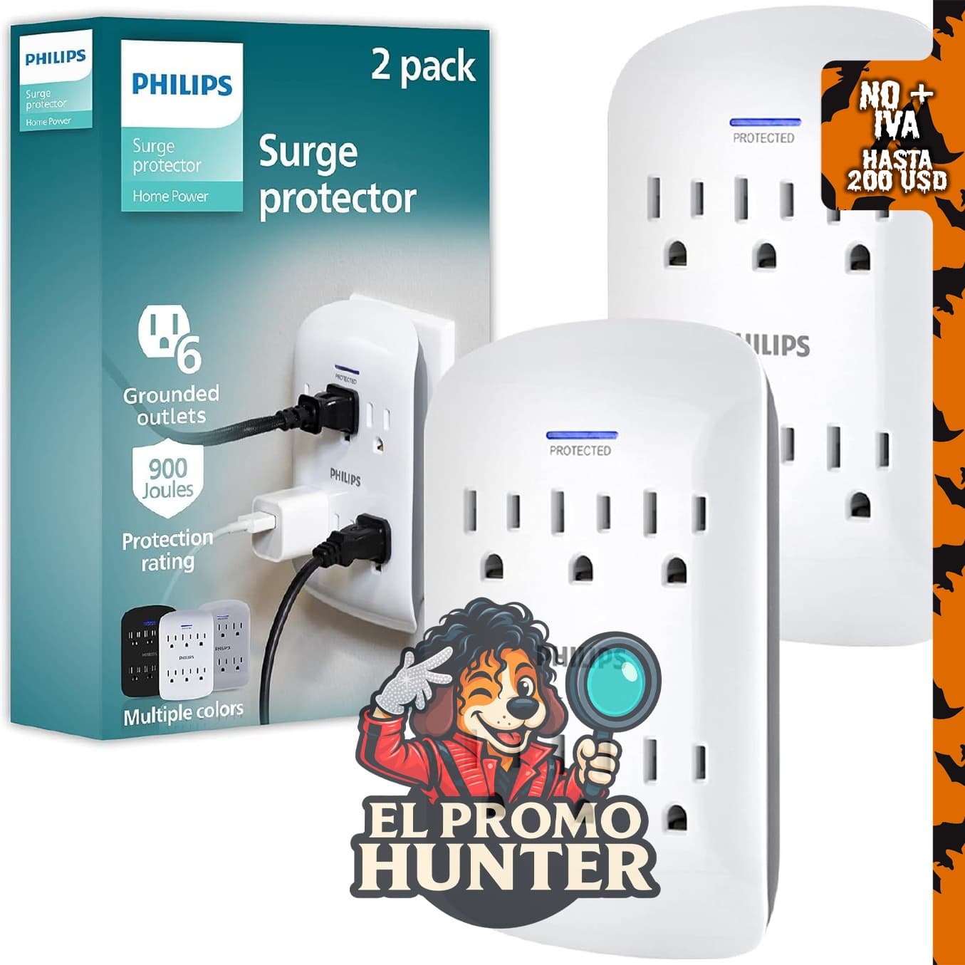 Philips Protector de sobretensiones extensor de 6 tomas, paquete de 2.