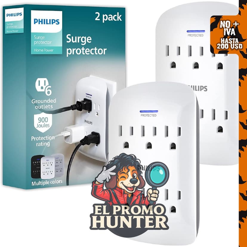 Philips Protector de sobretensiones extensor de 6 tomas, paquete de 2.