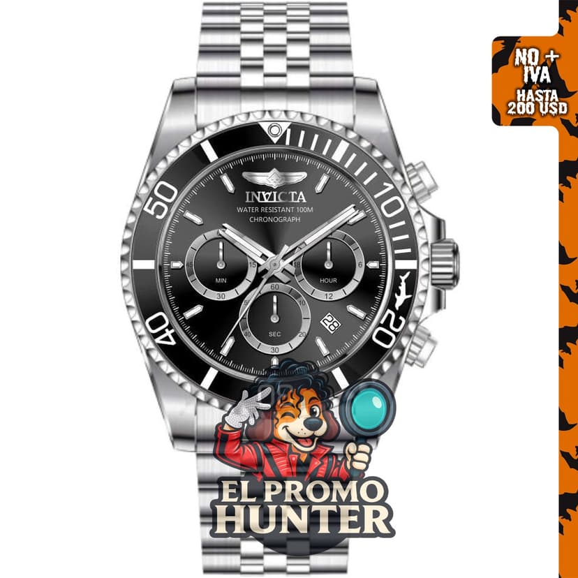Reloj Invicta Pro Diver para hombre, 43 mm, acero inoxidable, esfera negra, movimiento de cuarzo VD53.