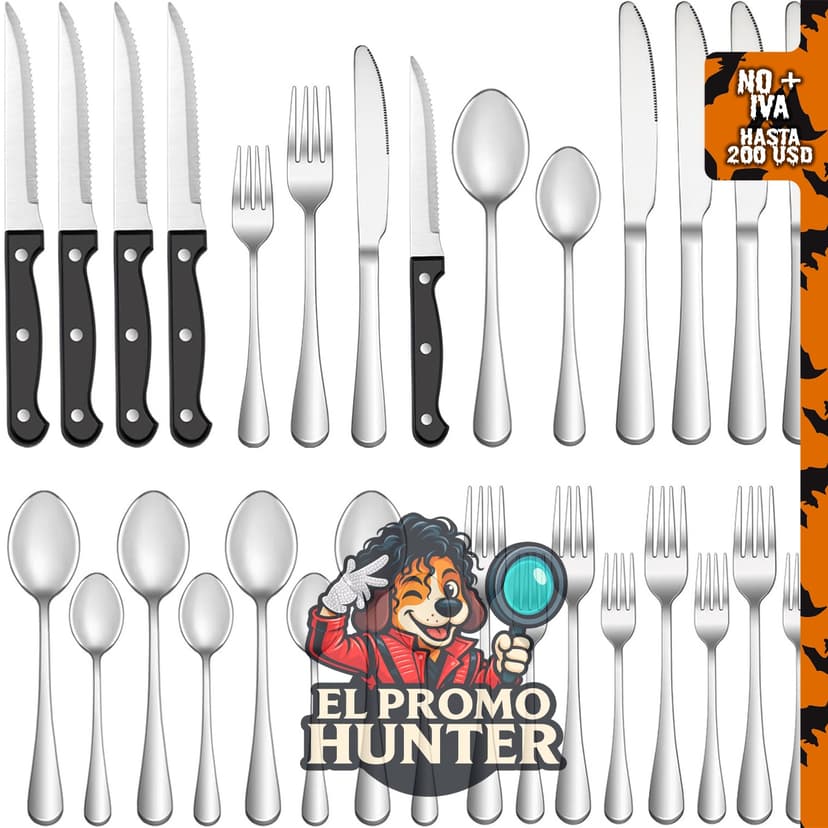 Juego de cubiertos de 24 piezas de acero inoxidable, incluye cuchillos de carne, apto para lavavajillas.