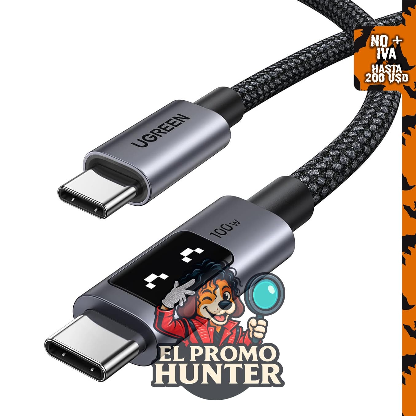 UGREEN Uno - Cable USB C de 100 W con pantalla LED, carga rápida, 6.6 pies.