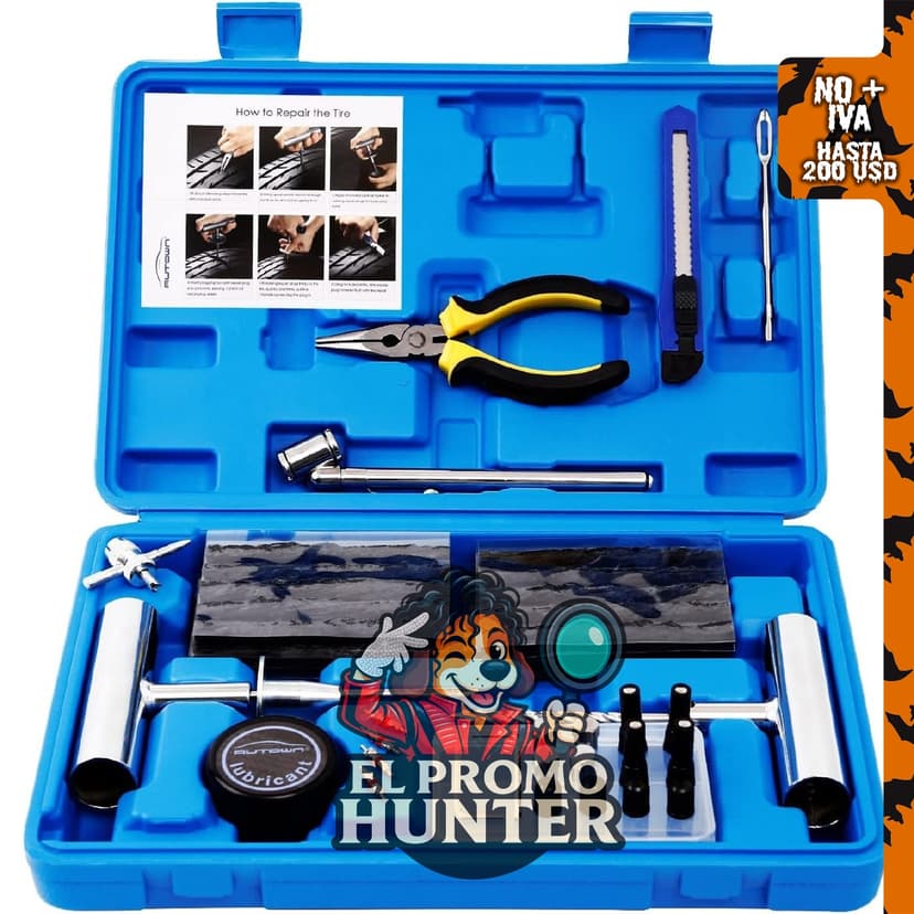 AUTOWN Kit de reparación de neumáticos planos 68 piezas, incluye herramientas para enchufes.
