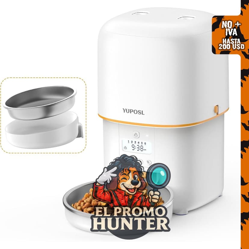 Comedero automático para gatos de 3 litros con diseño antiatascos y cuenco de acero inoxidable.