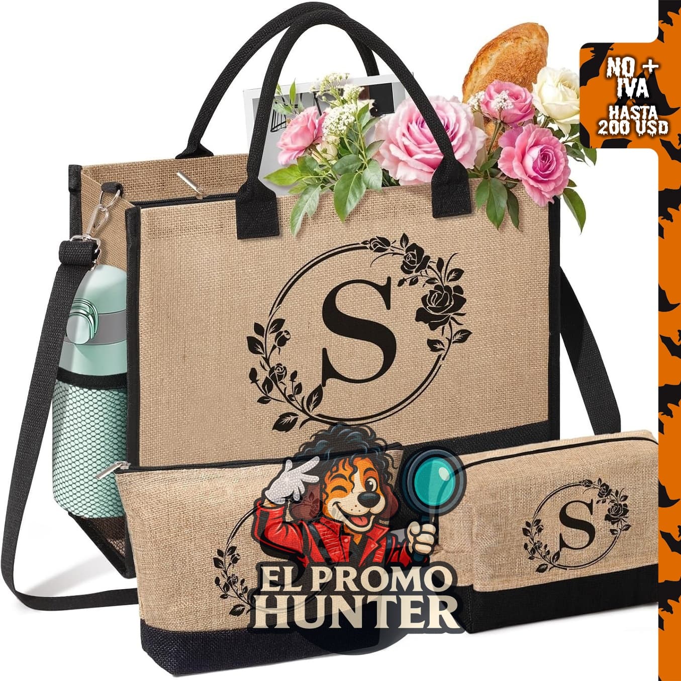 Bolsa de yute personalizada con inicial, ideal para playa.