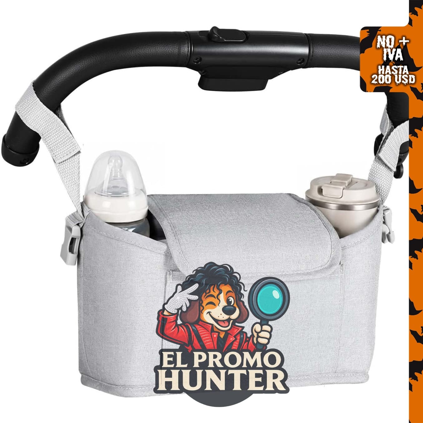 Organizador universal para cochecito con portavasos y bolsa para pañales.