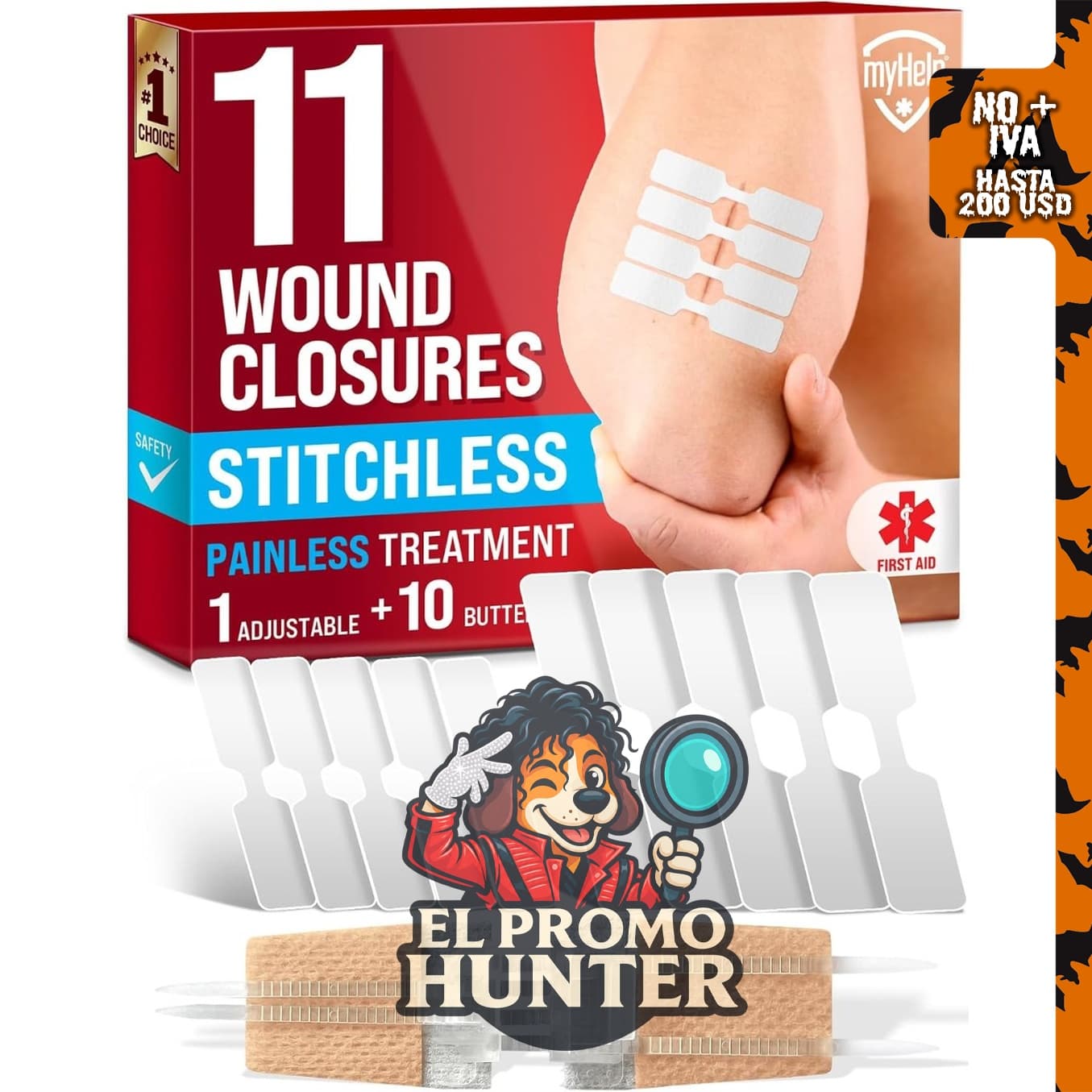 Tiras de cierre de heridas de emergencia, kit de 11 piezas con 2 tipos de vendas mariposa.