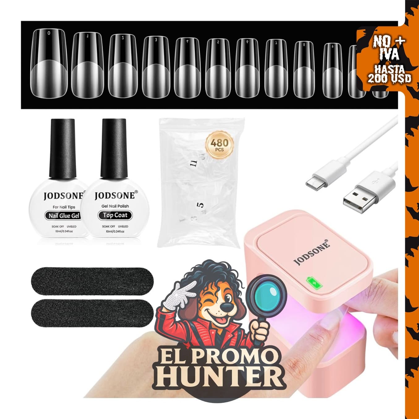 JODSONE Kit de uñas de gel con 480 puntas cuadradas y lámpara LED UV recargable.