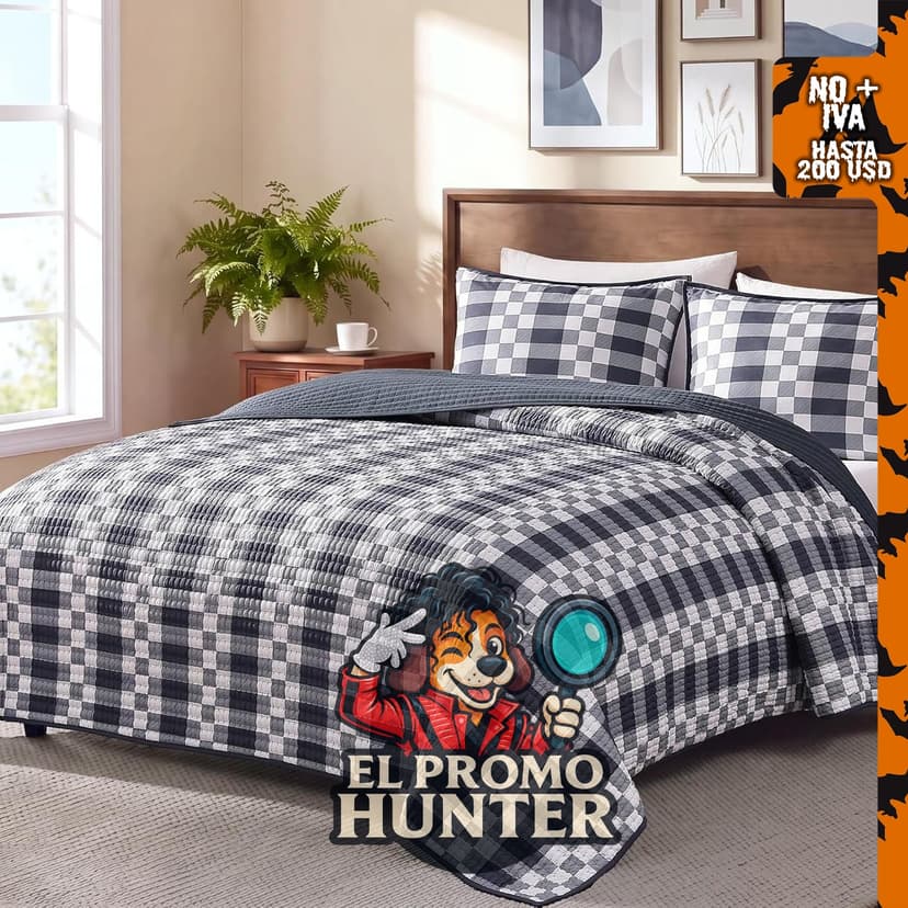 Juego de ropa de cama de tamaño King con colcha ligera a cuadros.