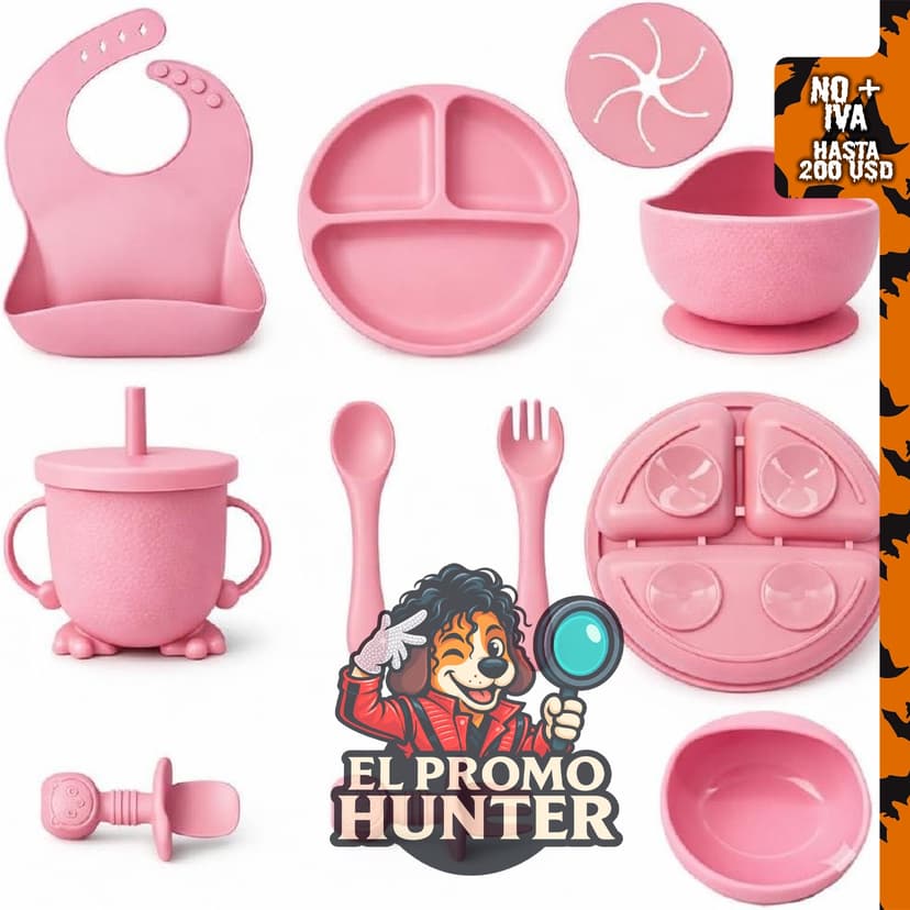 Juego de alimentación de bebé de silicona con ventosas, platos divididos, babero ajustable, cucharas, tenedores y taza.