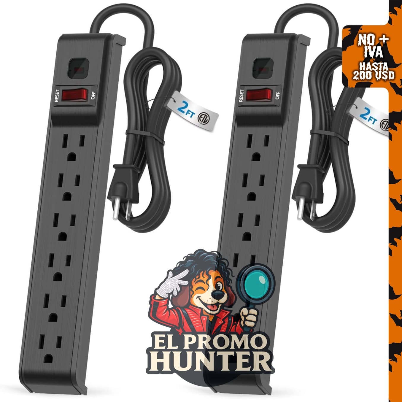 Regleta protectora Flexoria de 6 tomas, cable de extensión de 2 pies (61 cm), 600J, 15A/1875W.