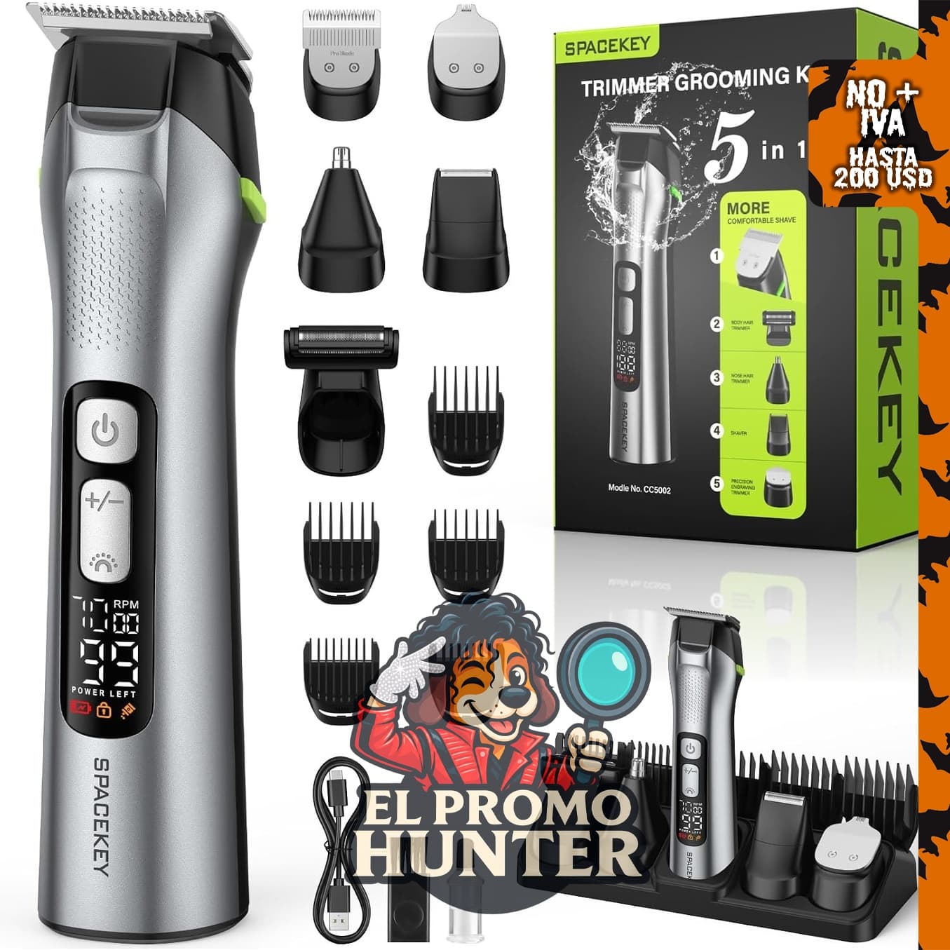 Recortadora de barba para hombres, kit de aseo 15 en 1, 3 velocidades.