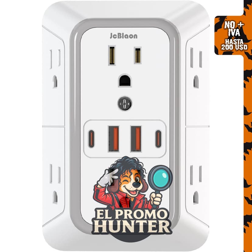 JcBlaon Extensor de Enchufe Protector de Sobretensiones con 6 salidas y 4 puertos USB (2 USB C).