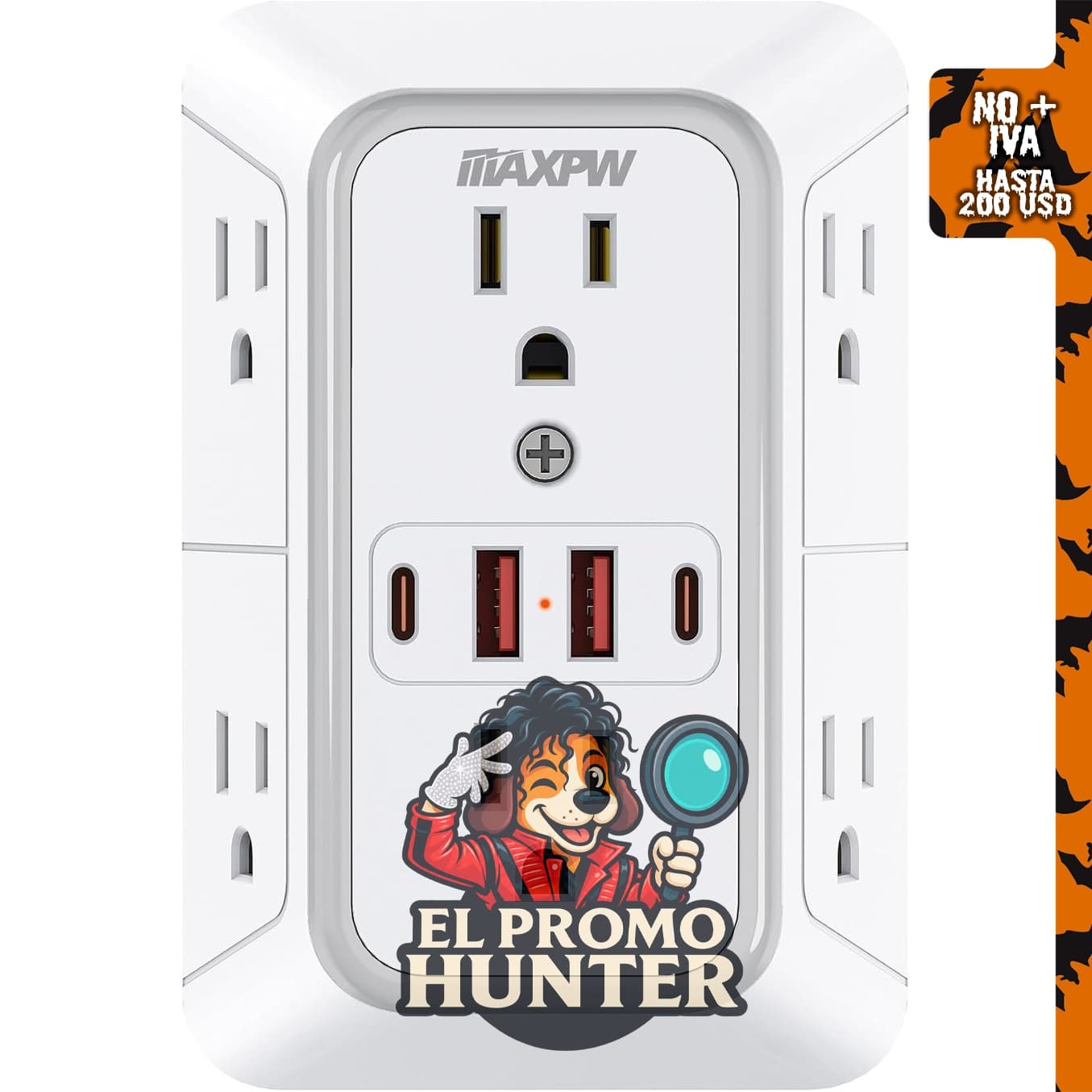 Extensor de toma de pared con protector de sobretensiones de 1050J y 6 salidas.