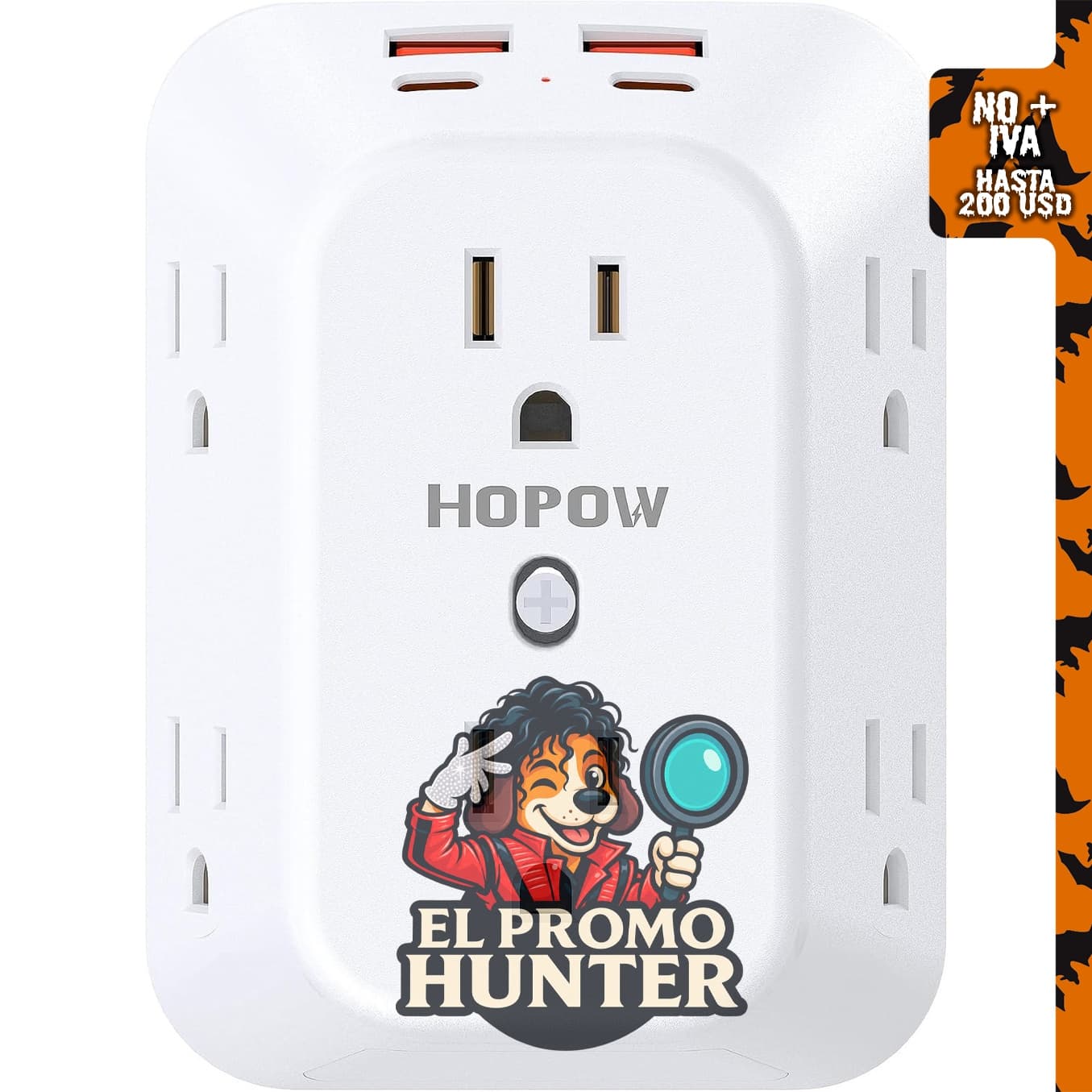 Extensor de salida con 6 tomacorrientes, 2 puertos USB tipo A y C, 1050J de protección, 1875W/15A.