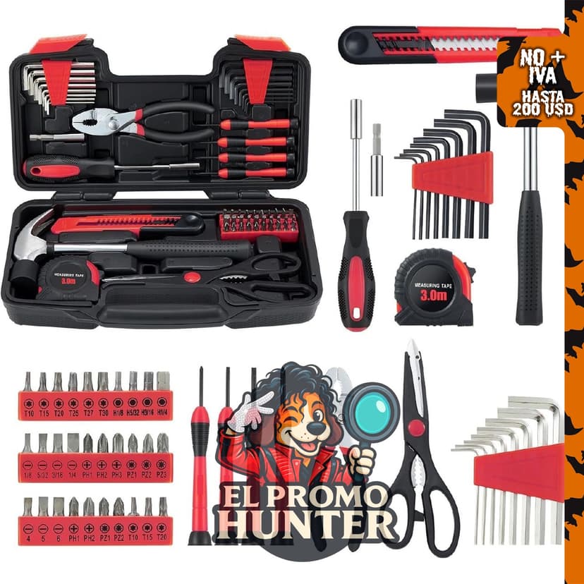 MARTCOLOR Juego de herramientas para el hogar de 58 piezas, kit de mano rojo con estuche de almacenamiento.
