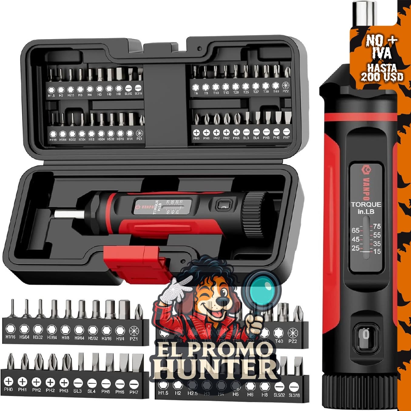 VANPO Juego de destornilladores dinamométricos de 15-75 lb-pulgada, 1/4".
