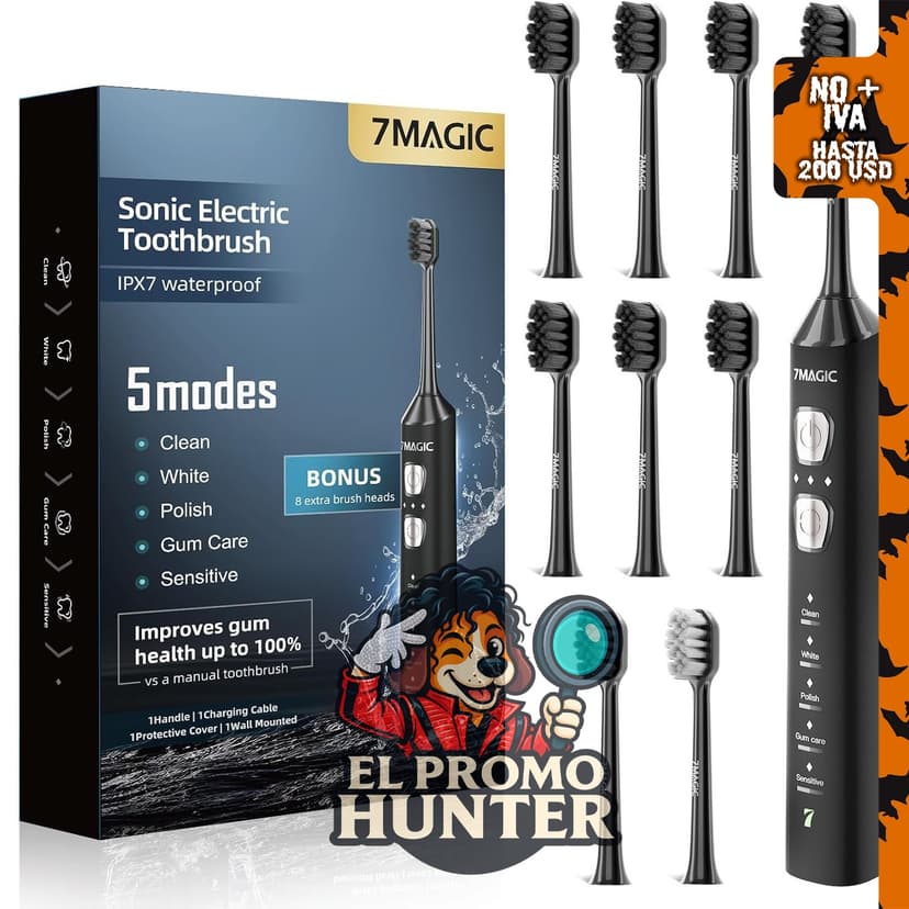 7MAGIC Cepillo de dientes eléctrico sónico con 42000 VPM y 8 cabezales.