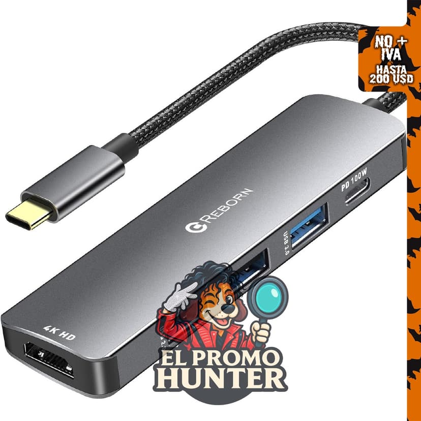 Reborn Hub USB C 5 en 1, adaptador multipuerto HDMI 4K, 100 W de suministro de energía, 3 puertos USB A.