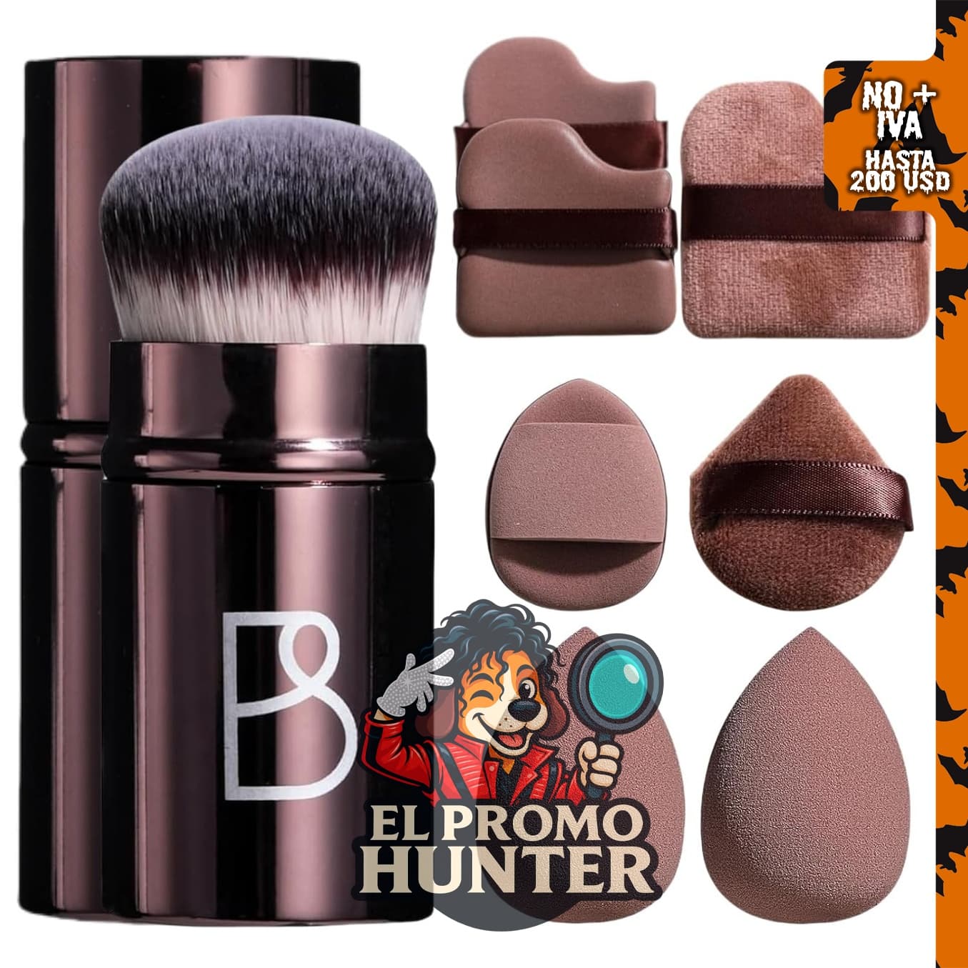 BS-MALL Juego de cepillo telescópico Kabuki y 7 esponjas para maquillaje.