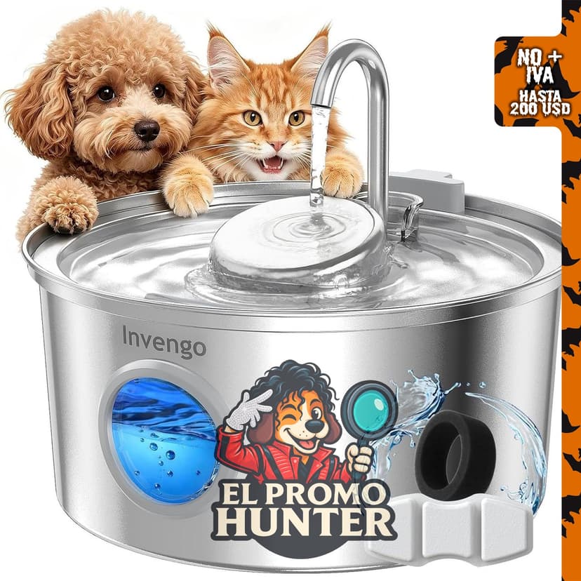 Invengo Fuente de agua para gatos de acero inoxidable 3.2L.