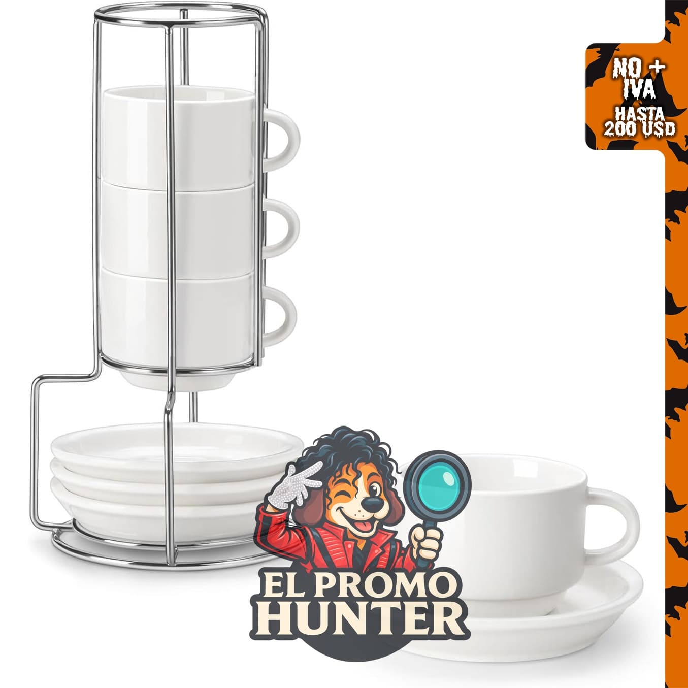 MALACASA juego de 4 tazas de café expreso de porcelana de 74 ml con platillos y soporte de metal.