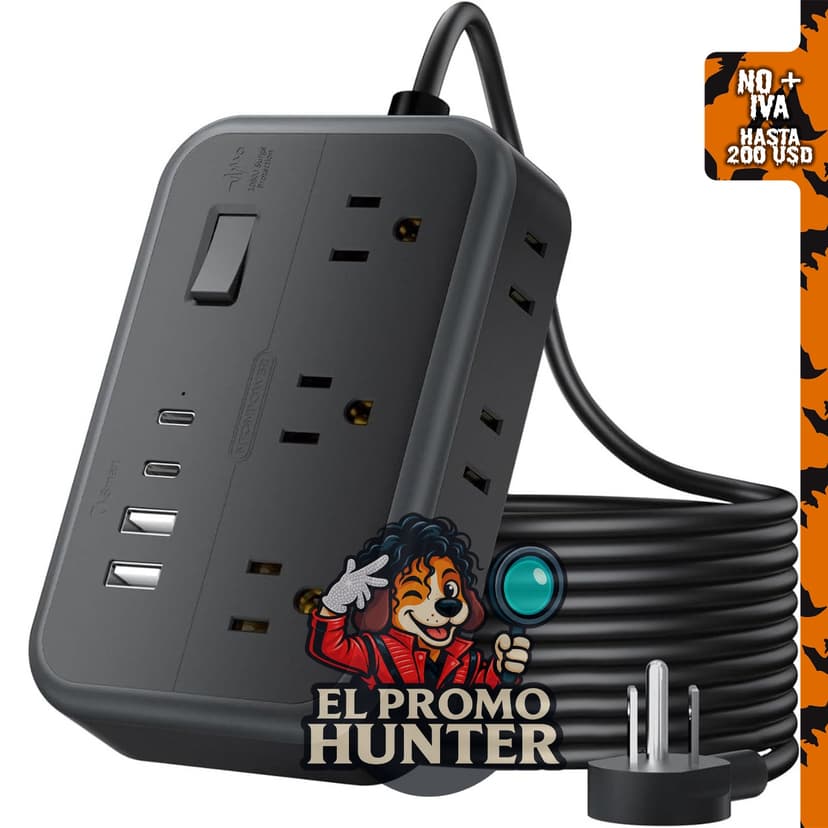 NTONPOWER Cable de extensión de 25 pies con 6 salidas y 4 puertos USB (2 USB-C), montaje en pared.