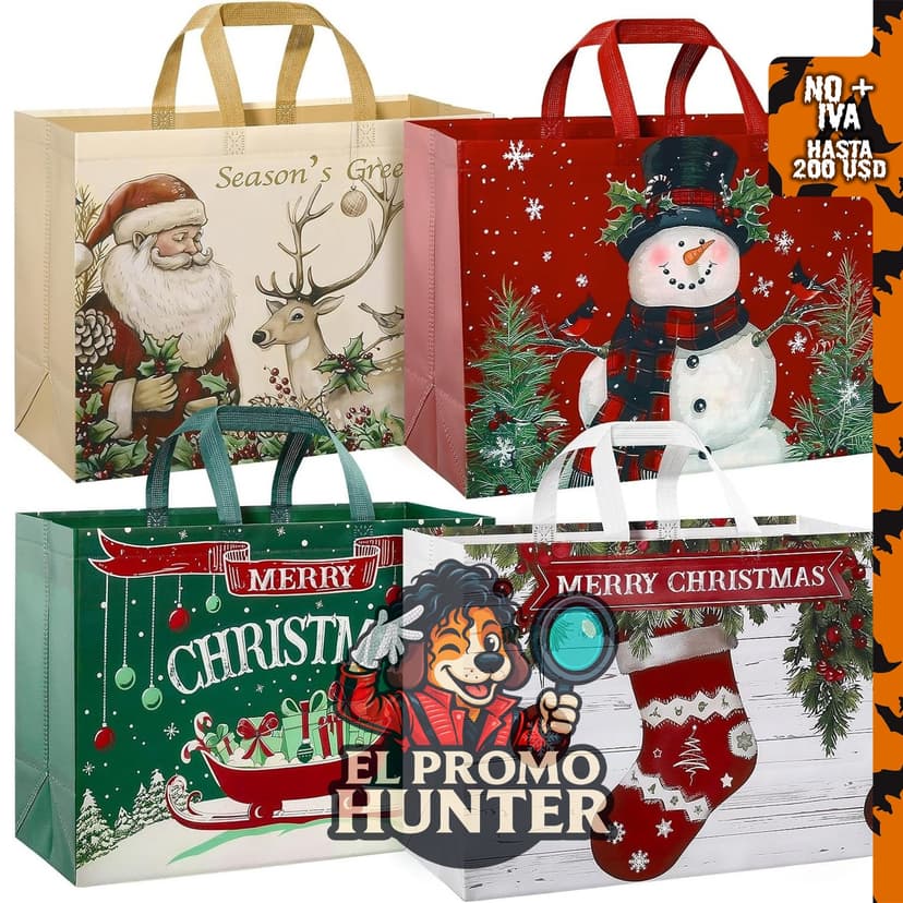 Paquete de 12 bolsas de regalo de Navidad extra grandes de 17" (43 cm), reutilizables y no tejidas, con asas.