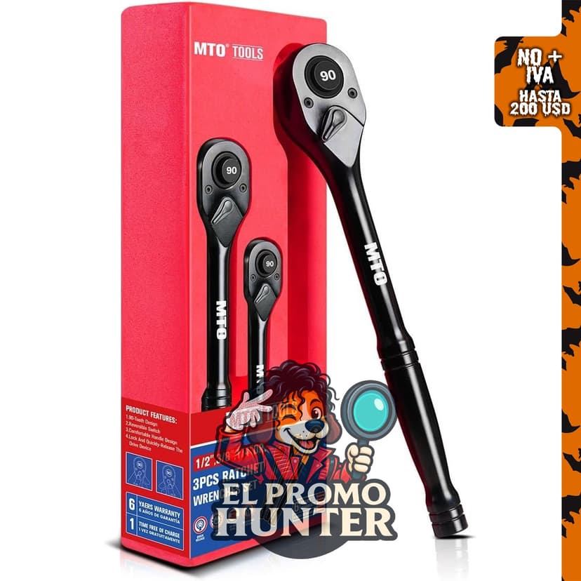 Juego de llave de trinquete MTO de 3 piezas con 90 dientes, transmisión de 1/4" (6.35 mm), 3/8" (9.53 mm) y 1/2" (12.7 mm).