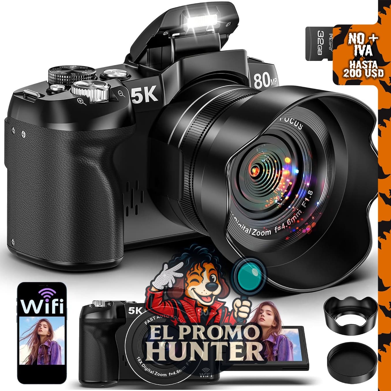 Cámara digital Notoldpine 5K, 80MP, WiFi, UHD, Autofocus para vlogging.