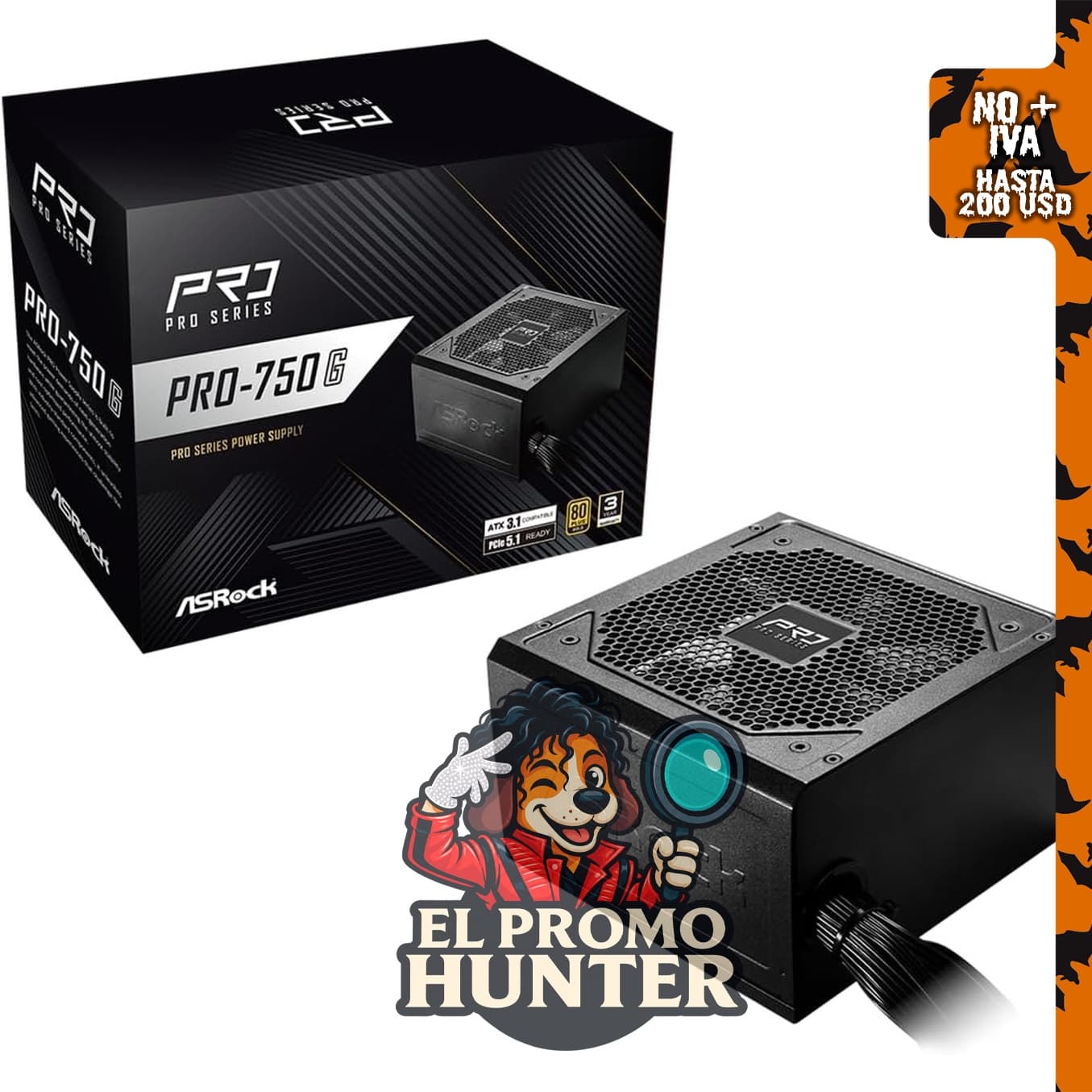 ASRock PRO 750G Fuente de alimentación de 750W, 80 Plus Gold, ATX 3.1, PCIe 5.1, con conector 12V-2x6 nativo y ventilador de 120mm.