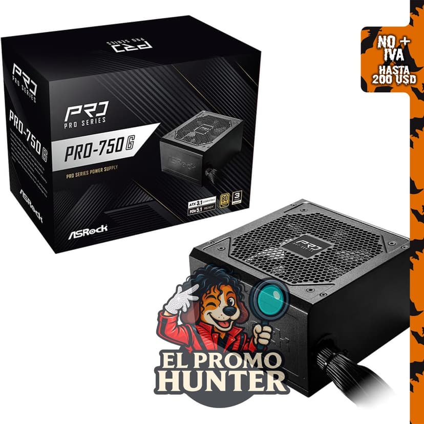 ASRock PRO 750G Fuente de alimentación de 750W, 80 Plus Gold, ATX 3.1, PCIe 5.1, con conector 12V-2x6 nativo y ventilador de 120mm.