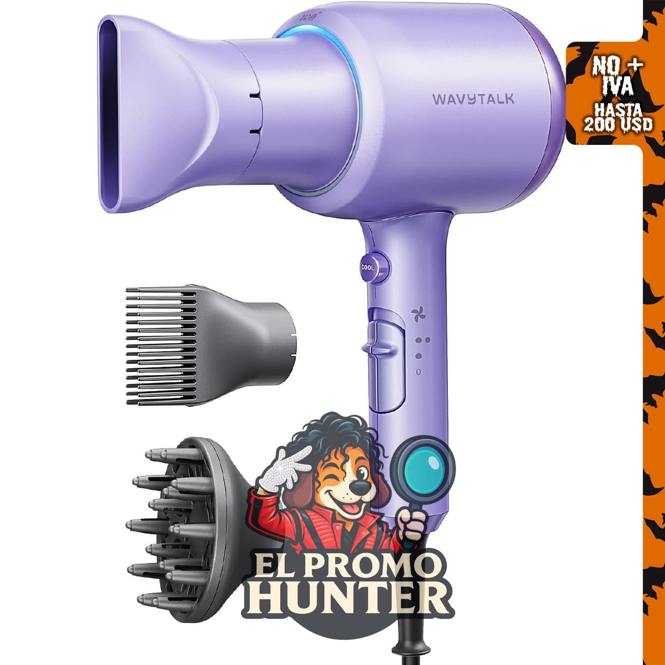 Wavytalk Secador de pelo iónico con difusor para cabello rizado.