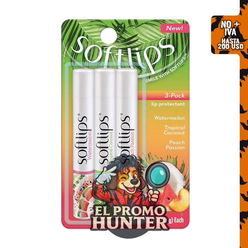 Softlips Hidratante labial diario, paquete de 3 bálsamos labiales con sabor tropical.