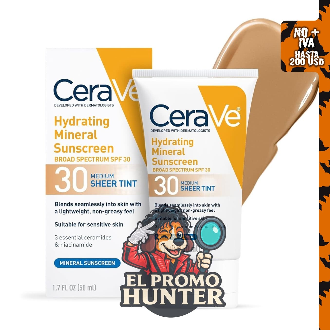 CeraVe Protector solar mineral hidratante SPF 30 con tinte transparente, con óxido de zinc y dióxido de titanio.