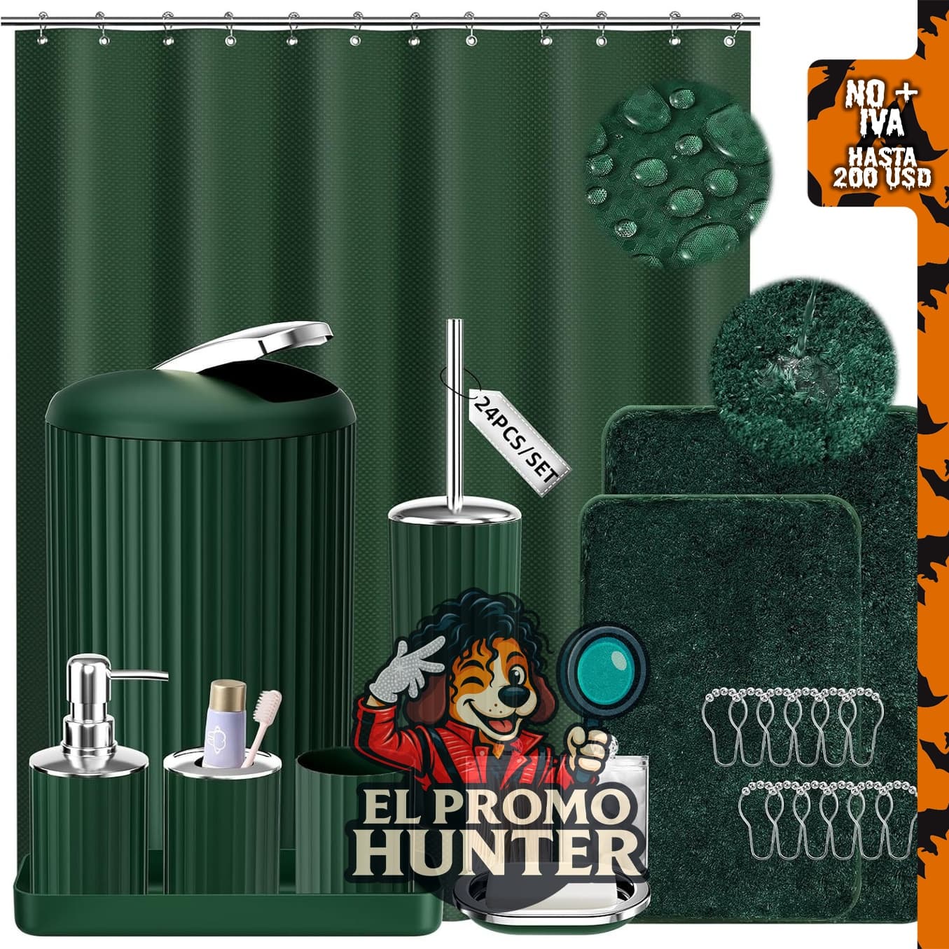 Juego de accesorios de baño verde oscuro con cortina de ducha.