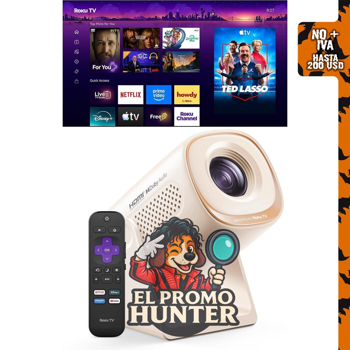 Proyector de TV inteligente con WiFi, Roku TV integrado, Keystone automático y Zoom.